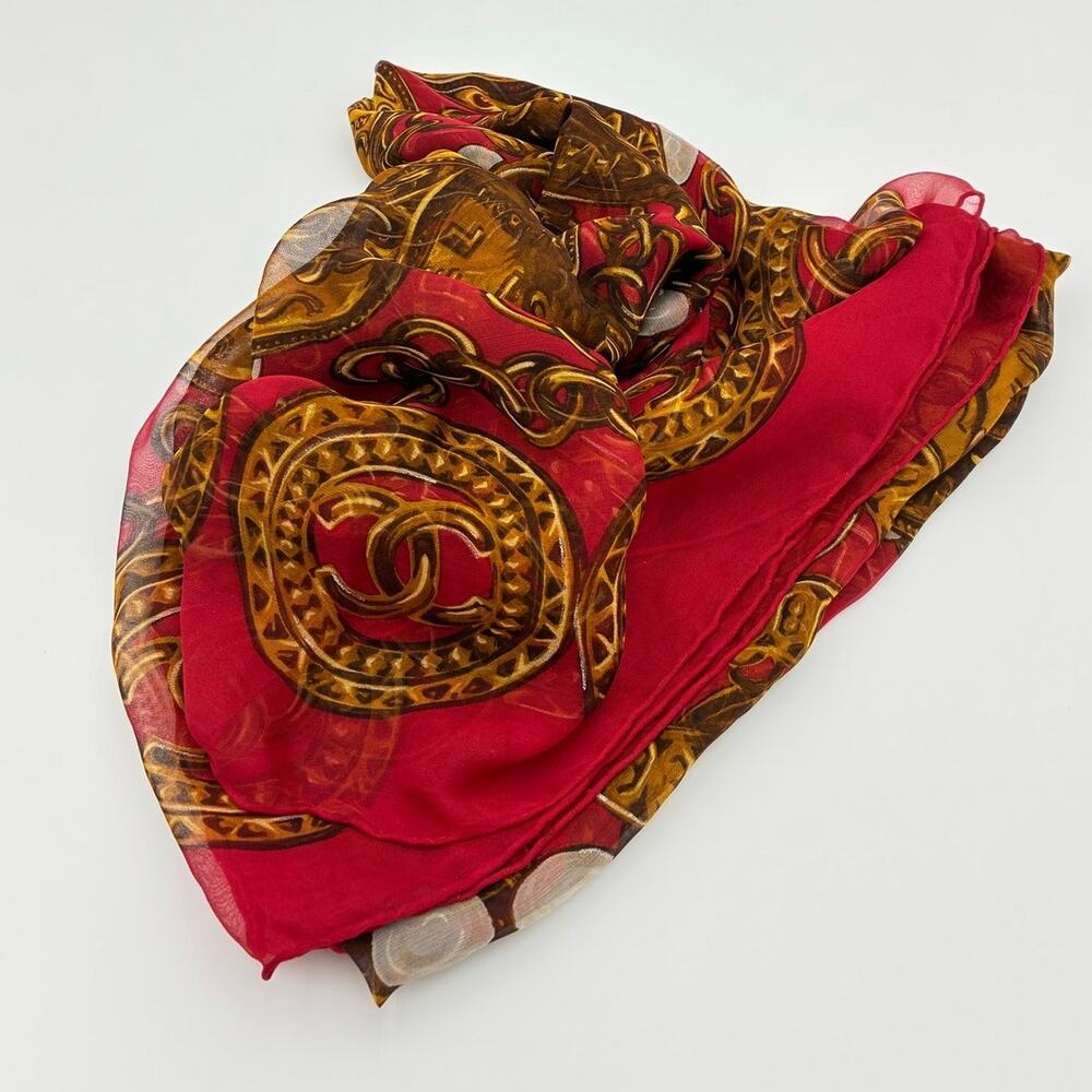 51" Chanel Vintage Silk Chain & Coin Red & Gold Square Scarf